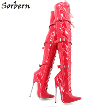 Sorbern-botas para mujer de talla grande hasta la rodilla con cordones, tacón de Metal de 18cm, punta estrecha, talla grande 36-46 2024 - compra barato