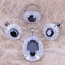 Shining Black Cubic Zirconia White CZ Silver Plated Jewelry Sets Earrings Pendant Ring Size 6 / 7 / 8 / 9 / 10 S0037 2024 - buy cheap