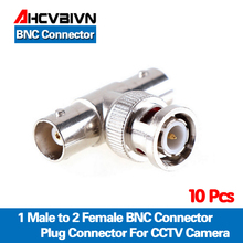 AHCVBIVN-conector Coaxial en T, acoplador macho a 2 hembra, conector BNC de 3 vías para cámara CCTV, 10 unids/lote 2024 - compra barato