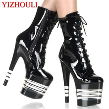 Женские мотоциклетные ботинки, пикантные прогулочные ботинки 20 см, модные женские короткие ботинки, обувь с кристаллами, полоска на платформе 2024 - купить недорого