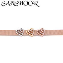 SANSHOOR Jewelry Crystal Small Interlocking Double Hearts Slide Charms for Stainless Steel Mesh Bracelet for Accessories Making 2024 - buy cheap