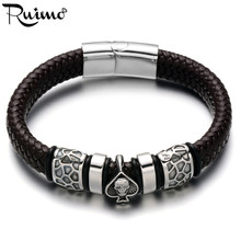 Ruimo pulseira de aço inoxidável 316l, pulseira com pá e cabeça de caveira, bracelete masculino de corda de couro trançada larga 2024 - compre barato