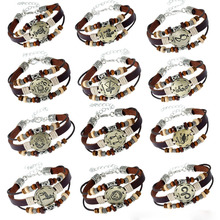 Pulseira vintage de couro, pulseira da moda com 12 constelações de couro de lagosta, corrente, miçangas de madeira redondas, joia charmosa para homens e mulheres 2024 - compre barato