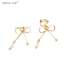 GRACE JUN Hollow-out Bow-knot Shape Clip on Earrings and Gold Color Freshwater Pearl Pierced Earrings Korea Style Charm Earrings 2024 - buy cheap