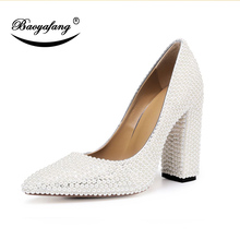 BaoYaFang New Arrival Autumn Womens Pearl Wedding shoes High Thick Heel fashion shoes Woman Pointed Toe Party Heels shoe female 2024 - buy cheap