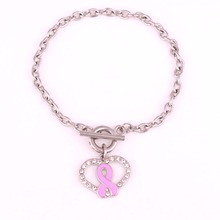 Goodwill ambassador Jewelry Breast Cancer Awareness zinc Pink Enamel Ribbon Bow Crystal Heart pendant Lobster Claw Bracelets 2024 - buy cheap