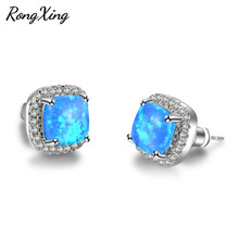 RongXing Blue Fire Opal Stud Earrings For Women Silver Color Square Birthstone Rainbow Stone Earrings Gift Ear0663 2024 - buy cheap