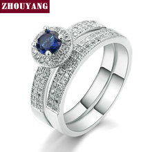 Anillo con cristal azul de Color plateado, conjunto de boda a la moda y conjunto de anillos de compromiso, joyería para mujeres con cristal austriaco ZYR506 2024 - compra barato