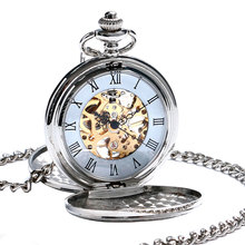 Часы наручные механические с двойной защитой, элегантные полые римские Серебристые карманные, с цепью, для мужчин и женщин 2024 - купить недорого
