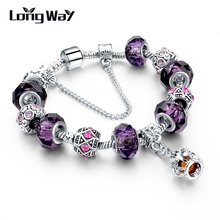 LongWay New Silver Color Charm Bracelet For Women Royal Crown Bracelet Purple Crystal Beads Diy Jewelry SBR160016 2024 - buy cheap