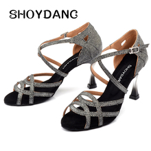SHOYDANC Latino Sapatos de Dança Para Adultos Do Sexo Feminino Personalizado Calcanhar 7.5/8.5 centímetros de Verão Sapatos de Dança Quadrados Sandálias Cinza Pano de Flash 2024 - compre barato
