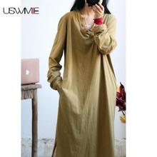 2020 Women Dress Literature Simple Make Old V-neck Long Sleeve Solid Color Vestidos Loose Long Section Dress USWMIE 2024 - buy cheap