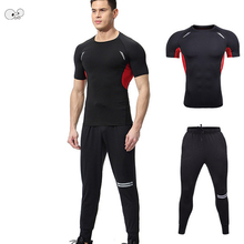Спортивная одежда для фитнеса, набор для бега, футболка с коротким рукавом, леггинсы, 2 предмета, компрессионный спортивный костюм, мужской Быстросохнущий Спортивный костюм 2024 - купить недорого