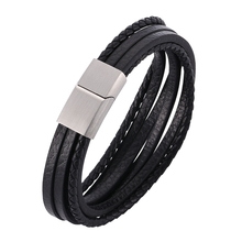 New Fashions Mens Trendy Jewelry Braided Leather Bracelet Stainless Steel Magnetic Buckle Handmade Bracelet Men Wristband PH505 2024 - buy cheap