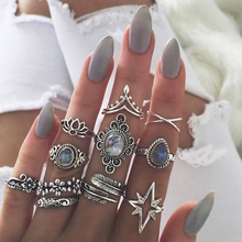 Conjuntos de anel de flor boêmia para mulheres, vintage, retrô, cor de prata, folha, água, pedra, cristal azul, joias de dedo 2024 - compre barato