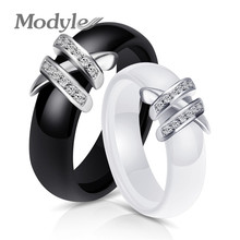 Modyle Best 6mm High Quality Black And White Simple Style Two Line Crystal Ziron Ceramic Rings For Women Fashion Jewelry Gift 2024 - buy cheap