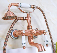 Antique Red Copper Brass Wall Mounted Bathroom Clawfoot Tub Faucet Mixer Tap Telephone Shower Head Dual Ceramic Handles ana330 2024 - buy cheap