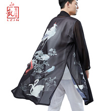 LZJN Men Thin Light Cool Summer Trench Coat Male Loose Casual Long Shirt Vintage Birds Print Hanfu Open Front Kimono Cardigan 2024 - buy cheap