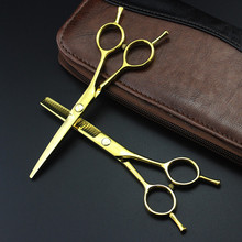 Tesoura de cabelo de aço japonês 5.5 polegadas, conjunto profissional de tesoura dourada para corte de barbeiro e cabeleireiro 2024 - compre barato