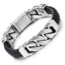 High Quality Silver Color Cuban Curb Chain Stainless Steel Genuine Leather Wristband Men's Bracelet Bangle Punk Jewelry 8.66" 2024 - buy cheap