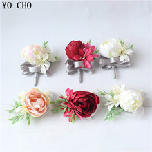 Yo cho diy flores artificiais decoração do casamento da noiva rosa peônia pulseira de pulso flor mão decoração para casa de seda boutonniere corsage 2024 - compre barato