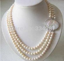 Collar de perlas de agua dulce, 3 filas, 7-8MM, Cameo con broche 2024 - compra barato