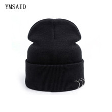 Chapéus para mulheres, chapéus de malha com anel, gorro hip hop coreano, para outono e inverno, gorro preto 2024 - compre barato