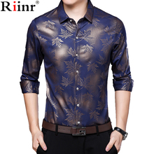 Riinr 2018 Nova Impressão Da Folha de Plátano Camisas Masculinas de Manga Comprida Camisa Dos Homens Roupas de Marca Casual Slim Fit Camisa Masculina Sociais chemise 2024 - compre barato