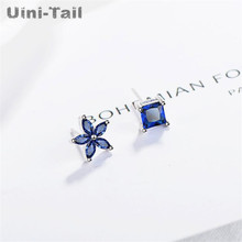 Uini-Tail hot new 925 Tibetan silver Korean blue flower temperament hypoallergenic personality asymmetric earrings ED083 2024 - buy cheap