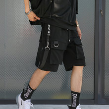 Streetwear fitas casuais calções masculinos 2019 verão hip hop calções masculinos preto na altura do joelho multi-bolsos punk calças curtas 2024 - compre barato