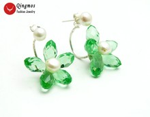 Qingmos Natural Pearl Earrings for Women with 5-6mm White Pearl & Green Flower Crystal Earring Double Sided Ear Stud Jewelry 705 2024 - buy cheap