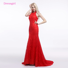 Женское длинное вечернее платье с юбкой годе, красное кружевное платье с лямкой на шее и открытой спиной, элегантное платье для выпускного вечера 2024 - купить недорого