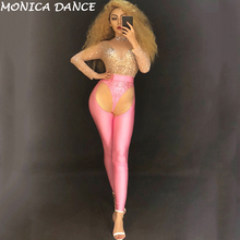 Mesh Glisten Silver Rhinestones Dj Jumpsuit Women's Birthday Celebrate Stretch Pink Leggings Outfit Female Singer Dance Bodysuit 2024 - buy cheap