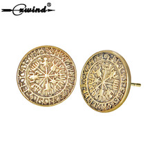 Cxwind Vintage Earring Viking Runes Vegvisir Compass Stud Earrings For women Odin's Symbol Amulet Round Disc Earrings Jewelry 2024 - buy cheap