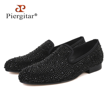Piergitar 2019 New Suede Genuine Leather Men's Flats Men Black Crystal shoes men smoking slippers Prom and party male loafers 2024 - buy cheap