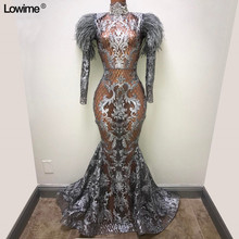 Vestido de noche largo Formal de manga larga de sirena, plumas de ilusión Real, Abendkleider, 2019 2024 - compra barato