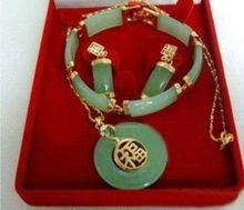 18K GP зеленый нефритовый браслет серьги на удачу кулон ожерелье Ювелирный Комплект AAA 5,23 2024 - купить недорого