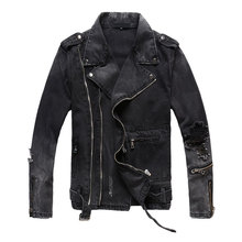 Jaqueta jeans preta com zíper para homens, jaqueta de motocicleta vintage com alças de epaulete rasgada e revestido 2024 - compre barato