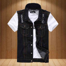 Summer Autumn Casual Man Ripped Hole Sleeveless Black Denim Vest Coat , Fall Spring Men Male Cardigan Distressed Jeans Vests 2024 - buy cheap