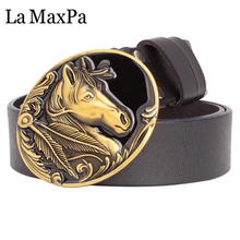 Fashion men's belt horse buckle golden horse head cow skin leather belt 3.8 cm pin buckle Horse belt for men gift 2024 - buy cheap