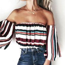 New Summer 2018 Women Sexy Off Shoulder Slash Neck Cold Shoulder Colorful Striped Blouses Shirts Long Sleeve Causal Beach Tops 2024 - buy cheap