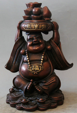 Frete grátis s2052 10 "china vermelho bronze riqueza tesouro tigela fu feliz rir maitreya buda estátua 2024 - compre barato