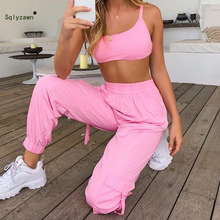 Women Sexy 2 Piece Sets Summer Lace Up Crop Tops High Waist Pants Pink and Black Outfits tracksuit, for women, for summer, elastic waist, slash neck, full length, hollow out 2024 - buy cheap