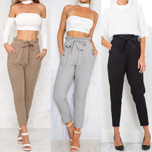 Solid Flat Women's High Waist Casual Sashes Pockets Drawstring Elastic Long Pants Ladies Pencil Trousers 2024 - buy cheap
