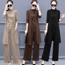 Women's Sets 2019 Knitted 3 Pieces Set Women Tracksuit Long Sleeve Cardigan and Sleeveless Pullover Tops and Wide Leg Pants Suit 2024 - buy cheap