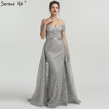 Grey Boat Neck Glitter Removable Train Evening Dresses Off Shoulder Vintage Evening Gowns 2020 New Dubai Robe De Soiree BLA6532 2024 - buy cheap