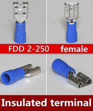 Free shipping  1000 pcs/lot    FDD 2-250 6.3mm Blue FEMALE INSULATED ELECTRICAL SPADE CONNECTOR TERMINALS,WIRING,CRIMP 16-14 AWG 2024 - buy cheap