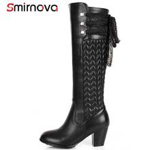 Smirnova, talla grande 30-45 2018, moda novedosa, costura de cuero genuino + botas de PU, botas de punta redonda hasta la rodilla para mujer, botas de invierno con cremallera 2024 - compra barato