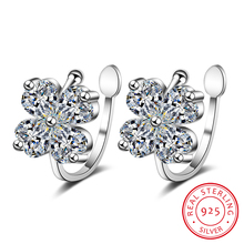 Women 100% Real Pure Genuine Solid 925 Sterling Silver Flower Ear Clip With Crystal Jewelry Earrings Luxury Fashion 2024 - buy cheap