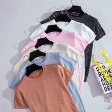 Shintimes-Camiseta de punto para mujer, remera informal brillante lisa, camisetas coreanas con cuello redondo, remera fina Harajuku 2019 2024 - compra barato